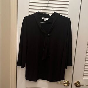 Southern Lady Black Tie-Neck Blouse with Button Detail